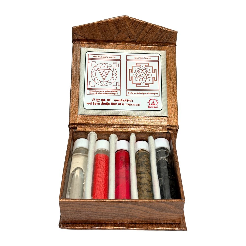 Matri Sakti Yantra — wooden vessel with five sacred elements